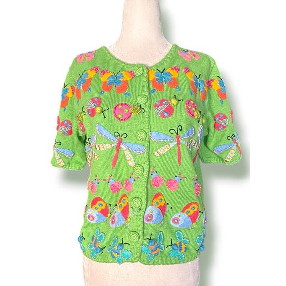Michael Simon Sweaters - Michael Simon Butterfly Ladybug Dragonfly Beaded Knit Cardigan Sweater Whimsical
